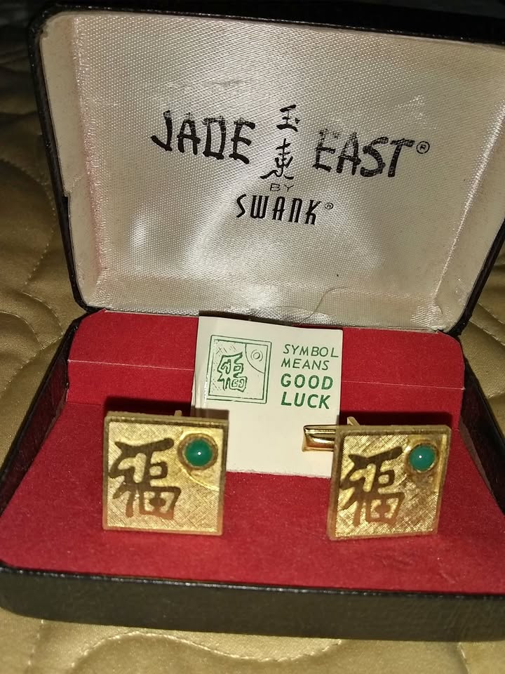 Gold plated cufflinks with jade and good luck symbol
