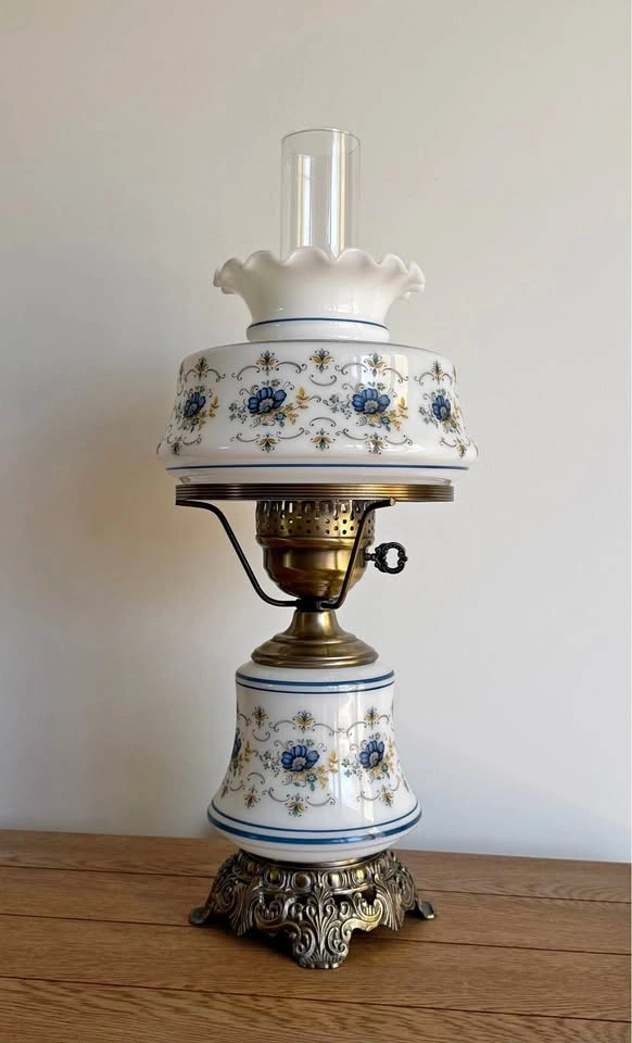 Vintage Floral Hurricane Lamps - Brass & Ceramic Pair