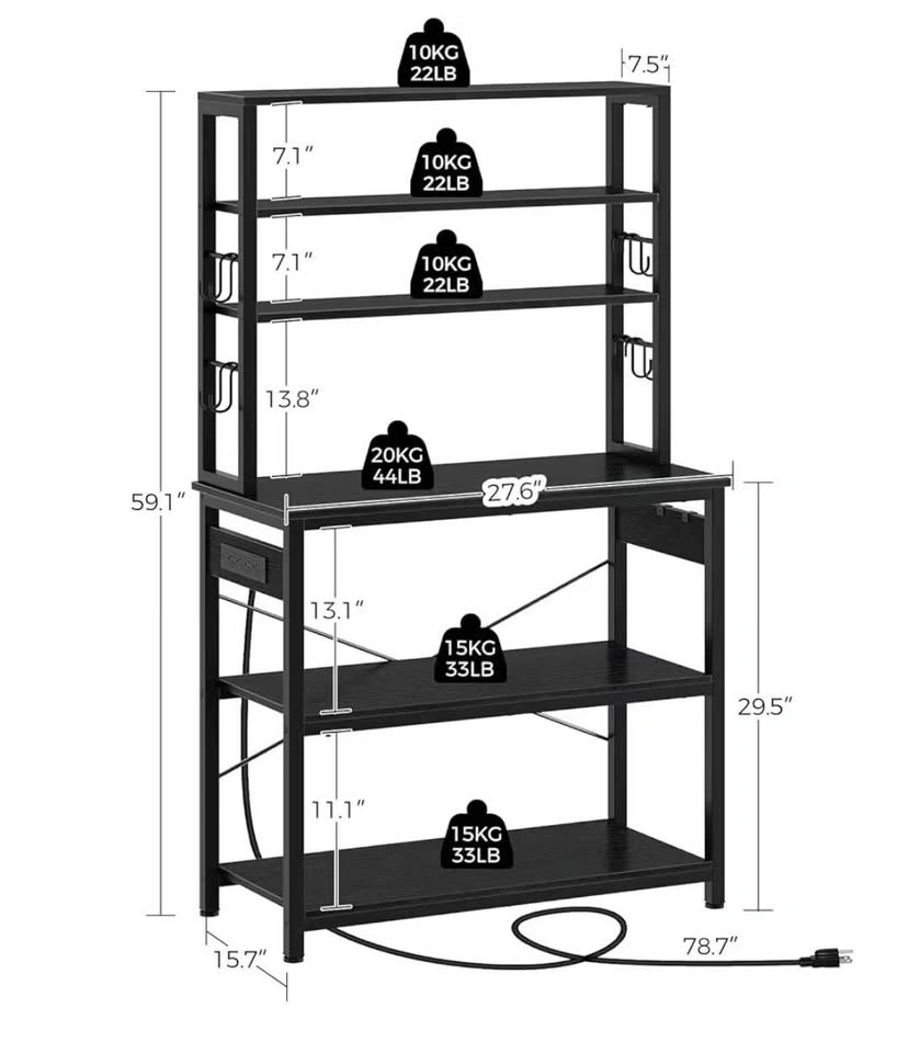 Black Baker's Rack Kitchen Shelf w/ Power Outlets - photo 2