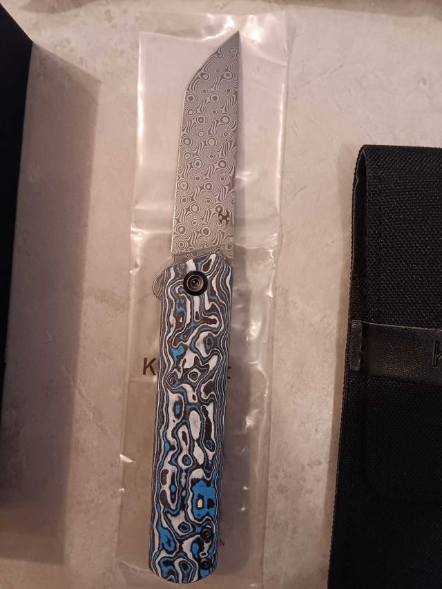 Kansept Damascus Foosa Slip Joint Knife Blue/White CF