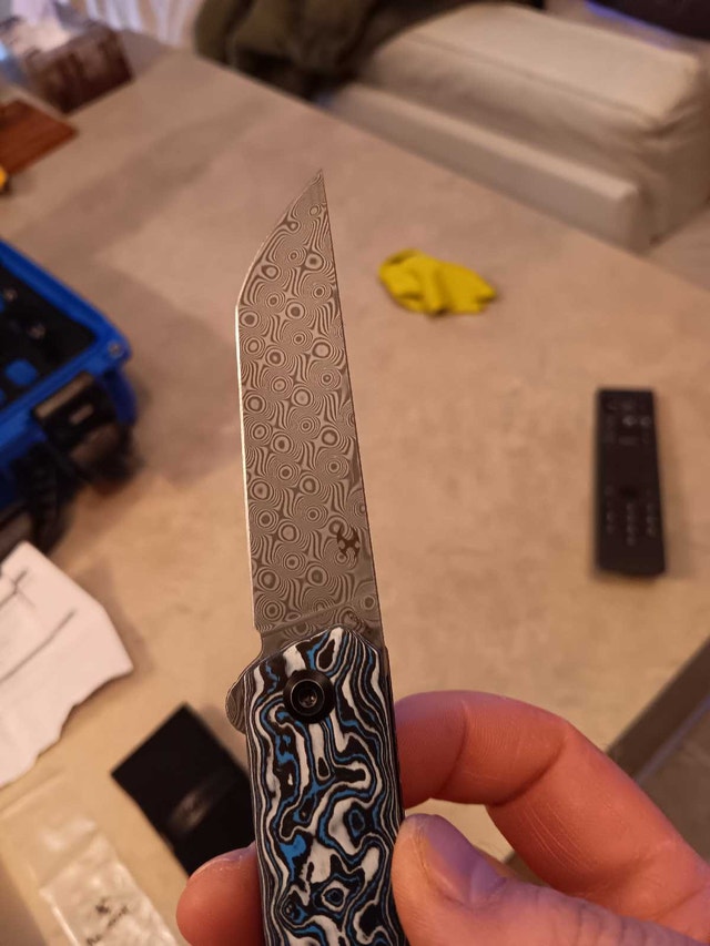 Kansept Damascus Foosa Slip Joint Knife Blue/White CF - photo 4