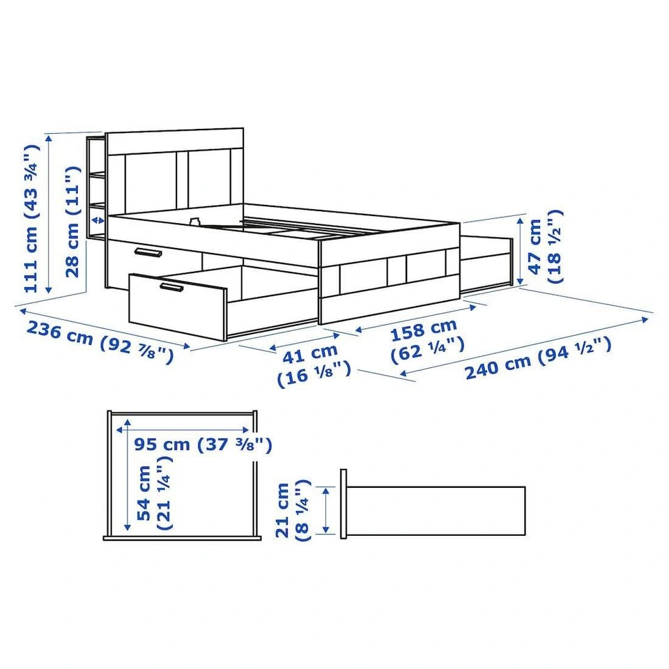 Ikea BRIMNES Bed frame with Drawers and Headboard Dark Gray Quee - photo 3