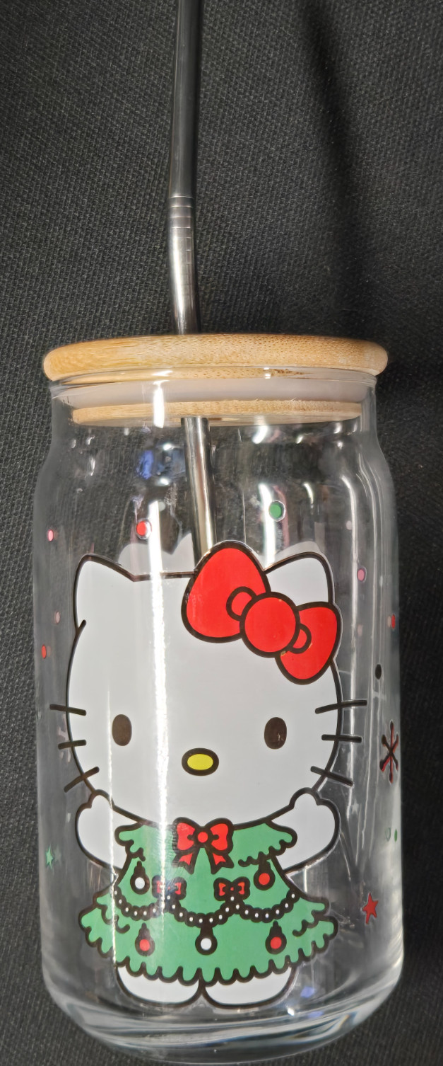 Hello Kitty 16oz Glass Cup with Bamboo Lid & Metal Straw