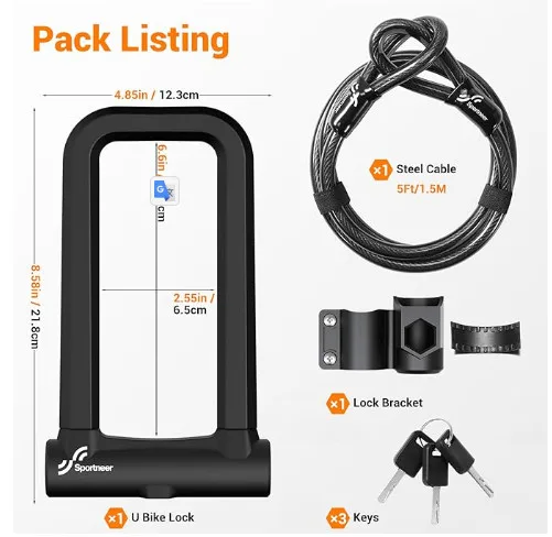Sportneer Heavy-Duty U-Lock Bike Lock with 5ft Cable image indicator(2)