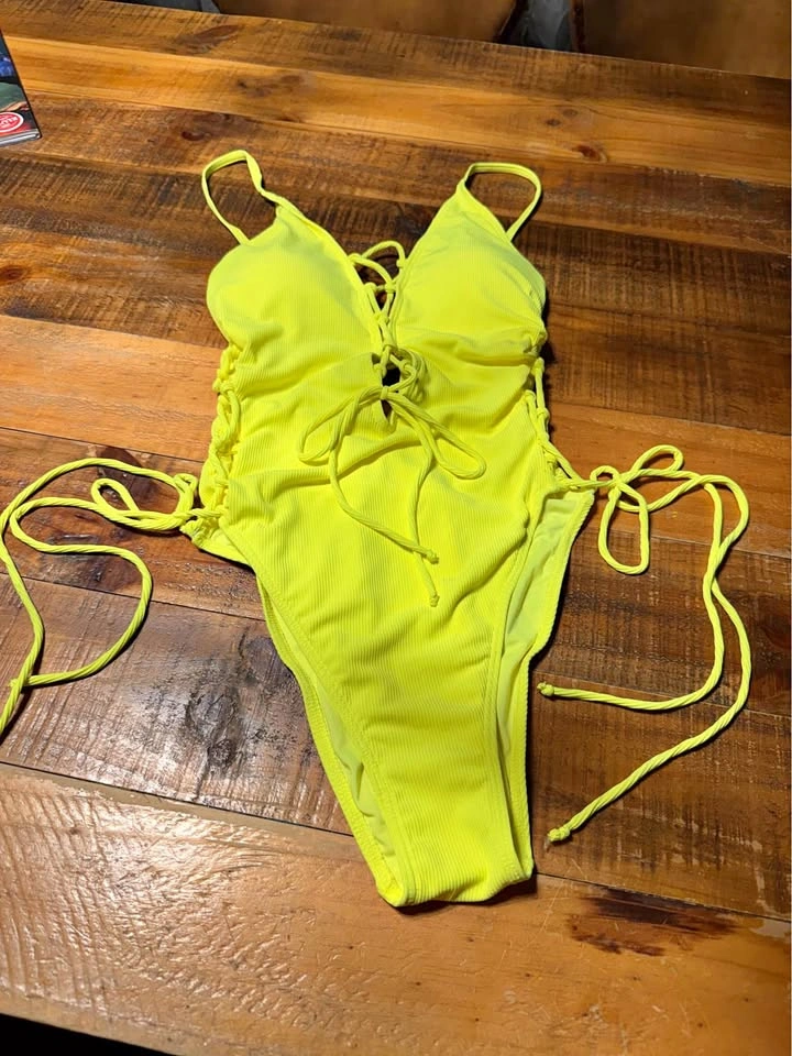 Tempt Me Neon Green Lace Up Ribbed One Piece Swimsuit Large