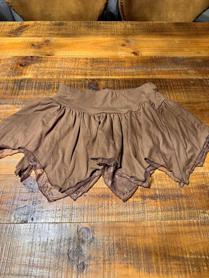 Brown Ruffle Lace Mini Skirt Small Y2K