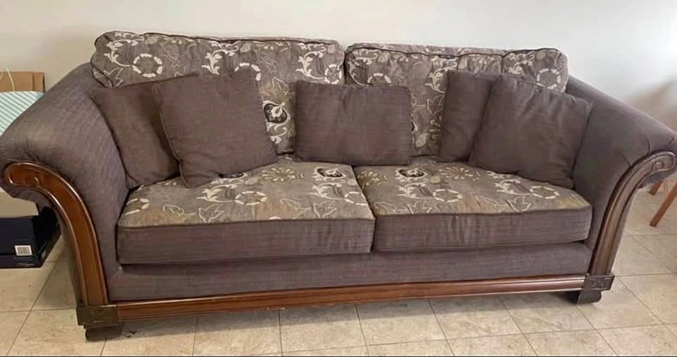 Traditional Brown Fabric Sofa with Wood Trim