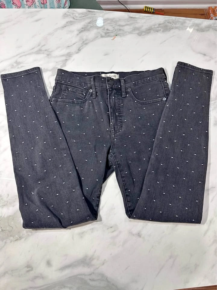 NWT Madewell Black-Wash Skinny Jeans Silver Polka Dot High Rise