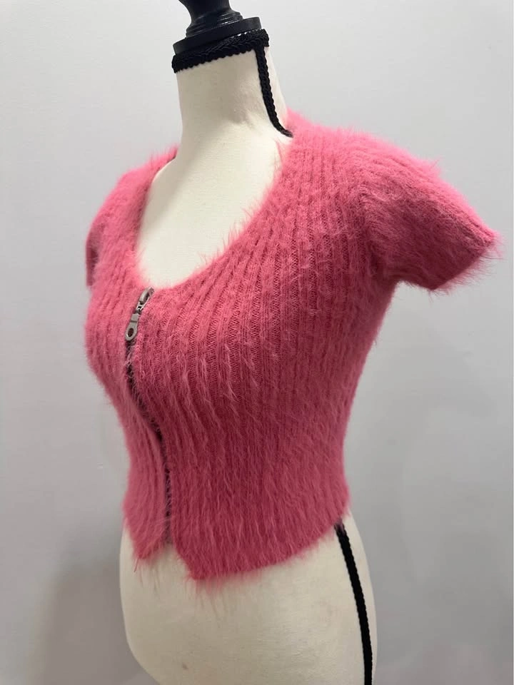 The Ragged Priest Pink Fuzzy V-Neck Zip Crop Sweater Eyelash S - photo 2
