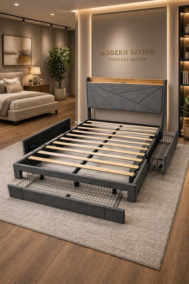 Queen Bed with Storage Drawers and Charging Ports