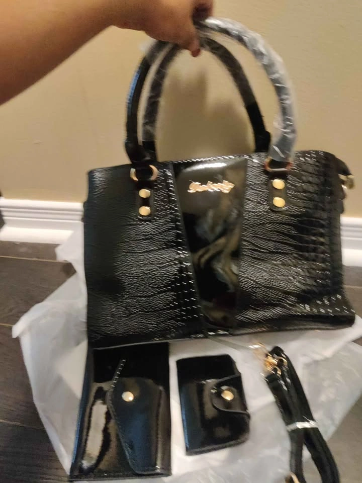 Brand new 3pc black glossy crocodile handbag set - photo 2