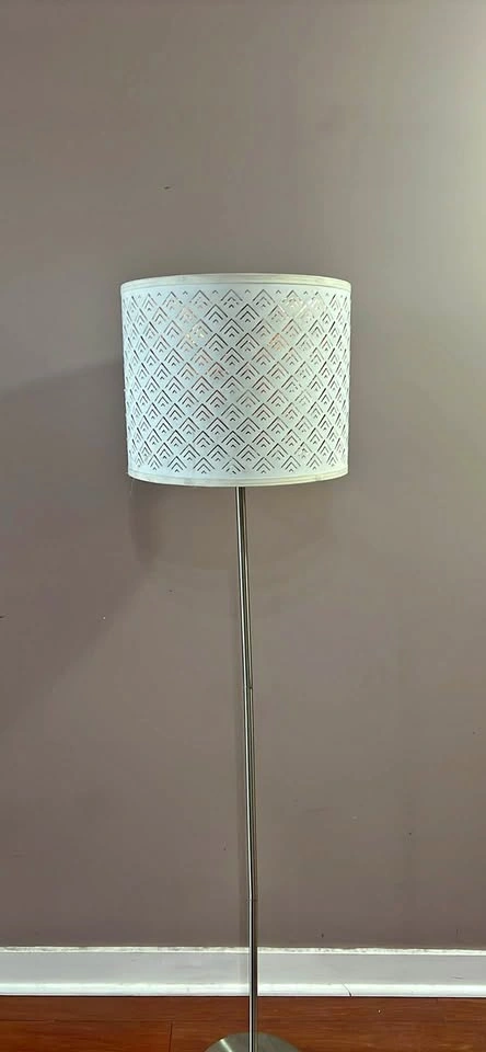 White Geometric Cut-Out Floor Lamp with Silver Pole