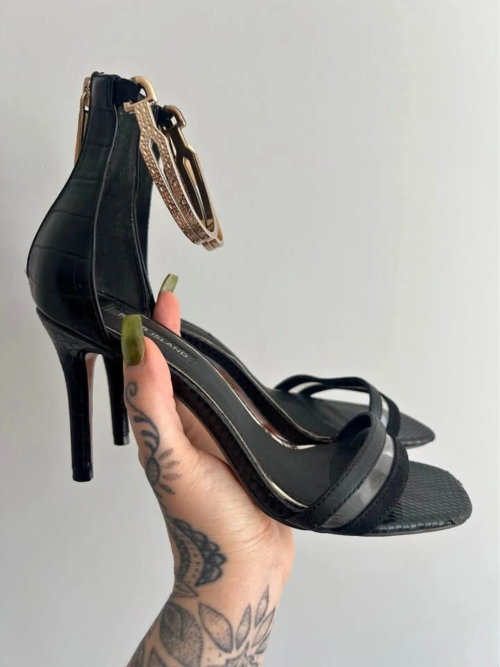 River Island Gold Black Strappy Square Toe Heels - Size 8