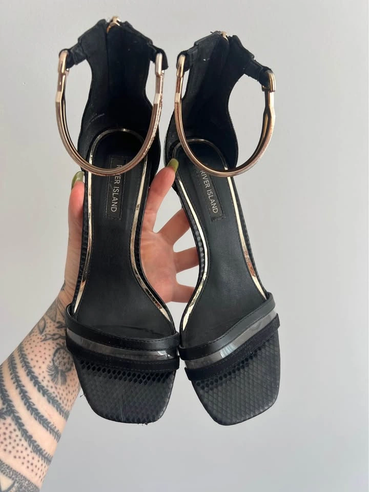 River Island Gold Black Strappy Square Toe Heels - Size 8 - photo 5