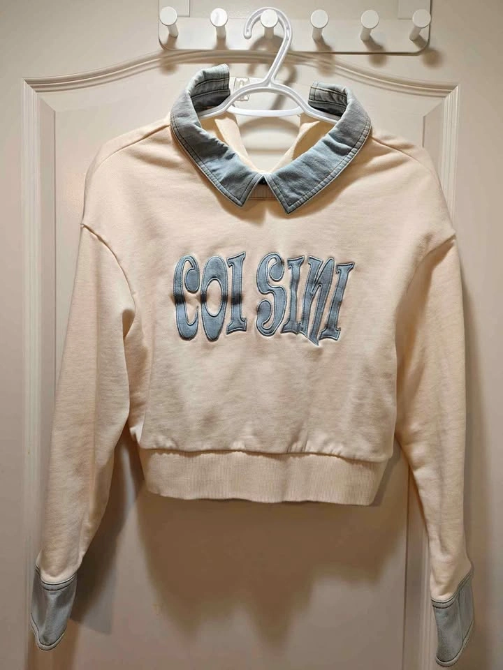 Cropped Sweatshirt with Denim Collar | Cream + Light Blue | Size