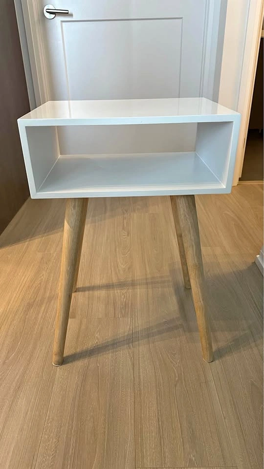 White Side Table with Wooden Legs Open Shelf