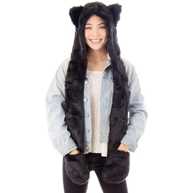 Grey Animal Hood Hat Scarf Pockets 3 in 1