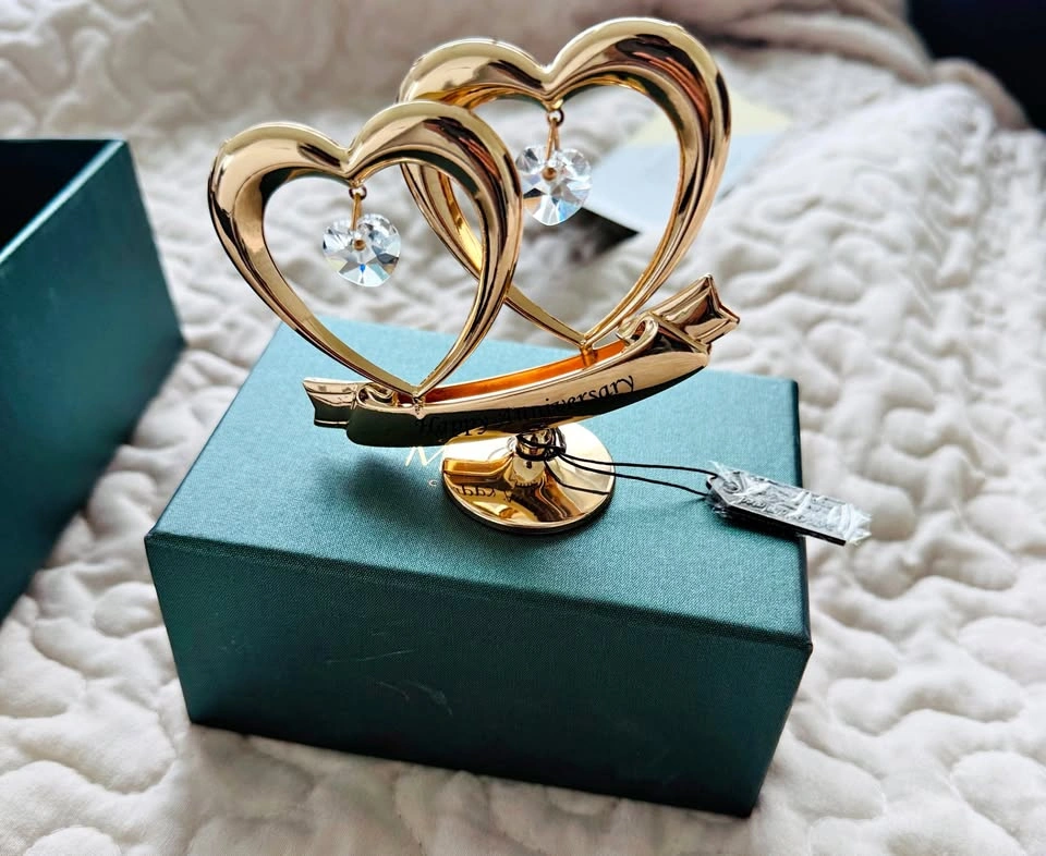 Matashi Happy Anniversary Double Heart Ornament – 24K Gold Plate