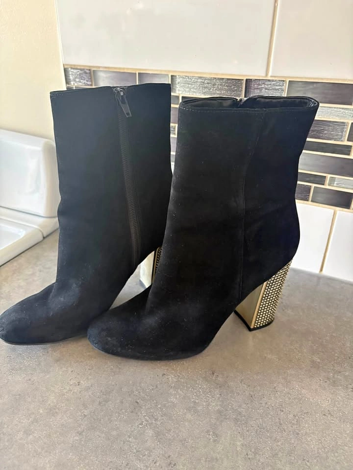 Black Suede Ankle Boots with Gold Studded Block Heel