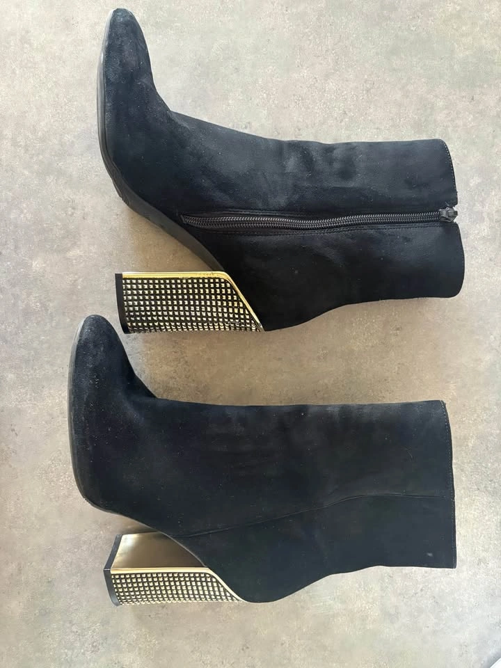 Black Suede Ankle Boots with Gold Studded Block Heel - photo 2