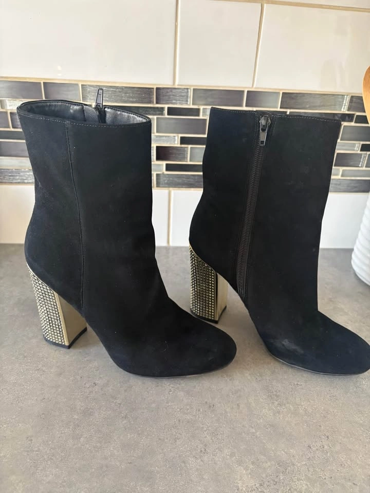 Black Suede Ankle Boots with Gold Studded Block Heel - photo 3