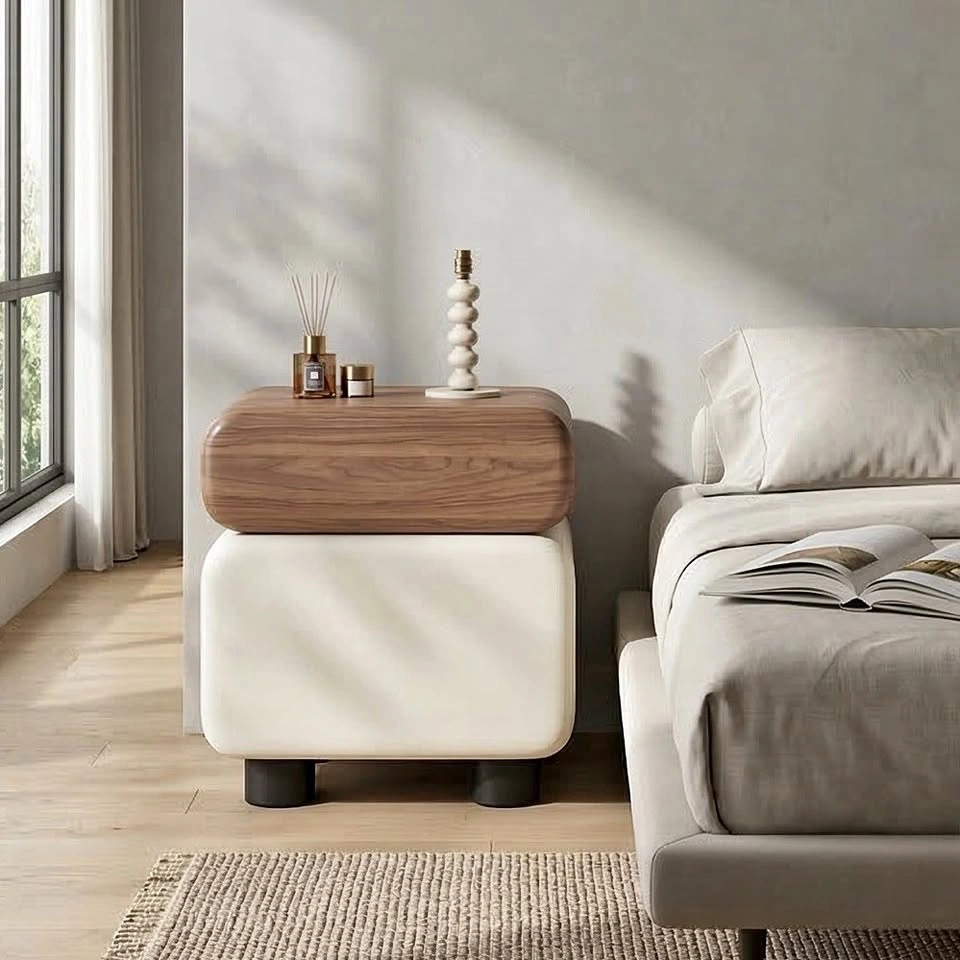 Modern Walnut & Cream 2-Tier Bedside Table