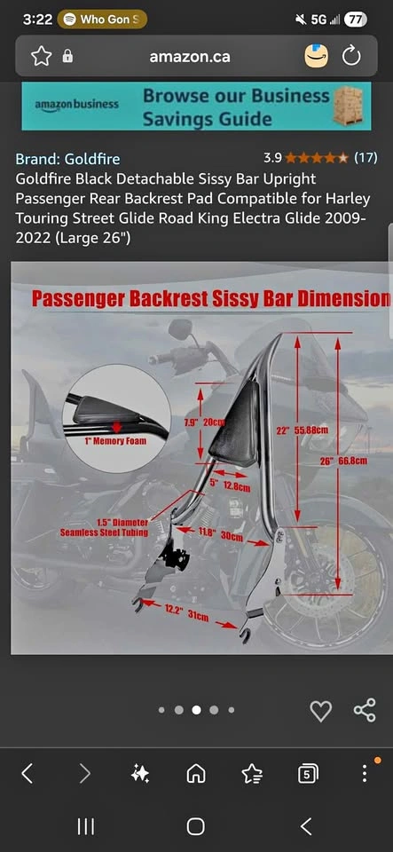 Goldfire Black Detachable Sissy Bar for Harley Touring 2009-2022