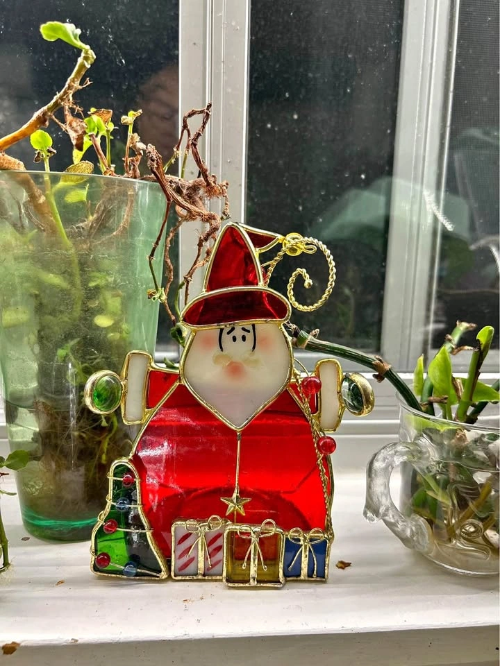 Vintage Stained Glass Santa Candle Holder, Christmas Decoration