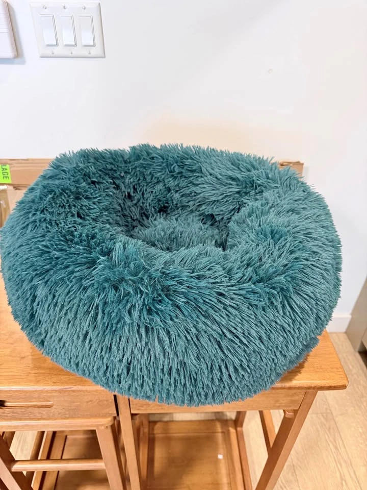 Donut Dog / Cat Bed, 20” Teal, Fluffy Faux Plush, Soft Warming C