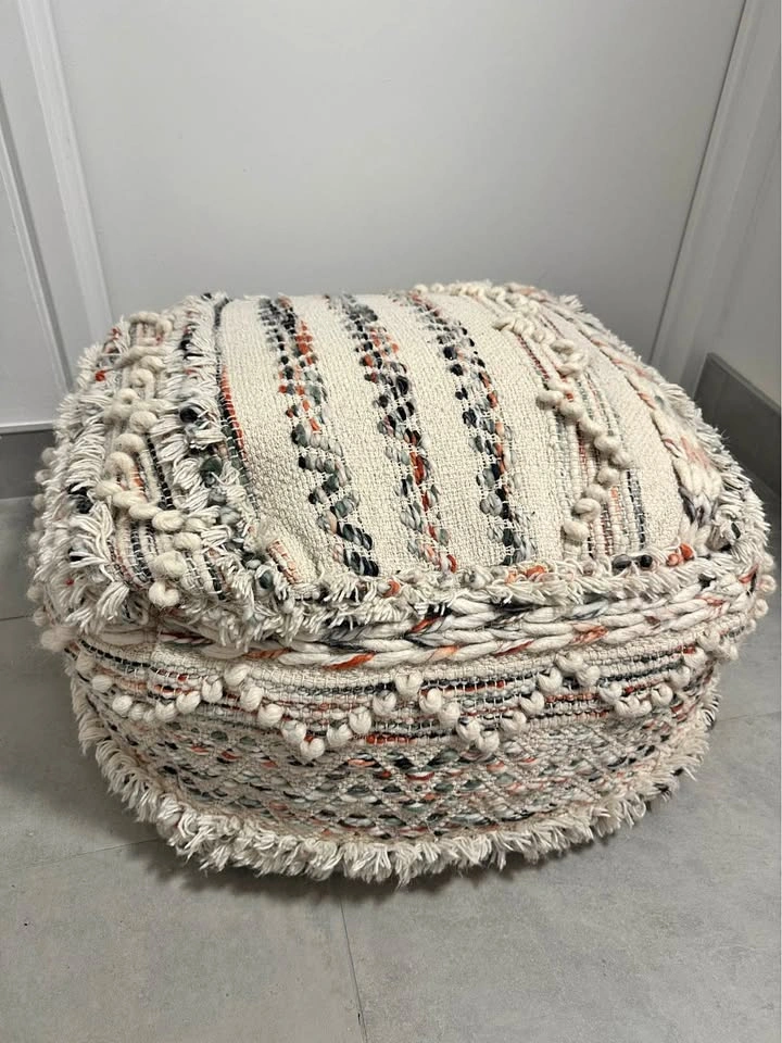 Boho Woven Cream Textured Pouf Ottoman