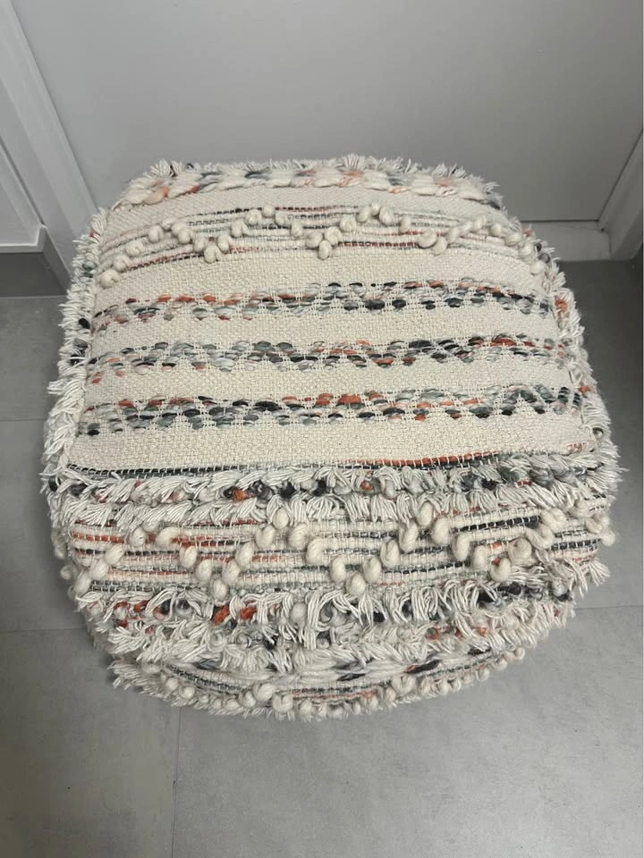 Boho Woven Cream Textured Pouf Ottoman - photo 2