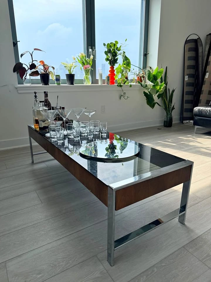 Vintage Black Glass and Chrome Coffee Table
