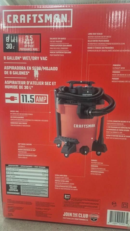 Craftsman 8 Gallon 3.5 Peak HP Wet/Dry Vac - photo 2