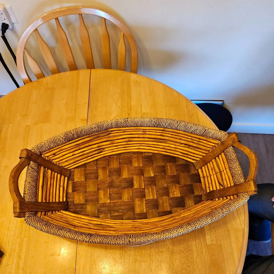 Oval Shaped Basket Made with Rattan Wicker Reed and Wood