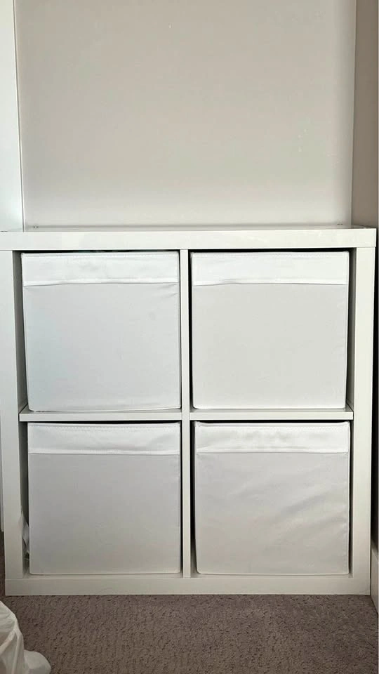 Ikea KALLAX white shelf unit with 4 boxes