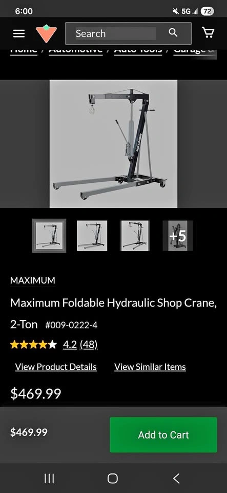 Maximum Foldable Hydraulic Shop Crane, 2-Ton