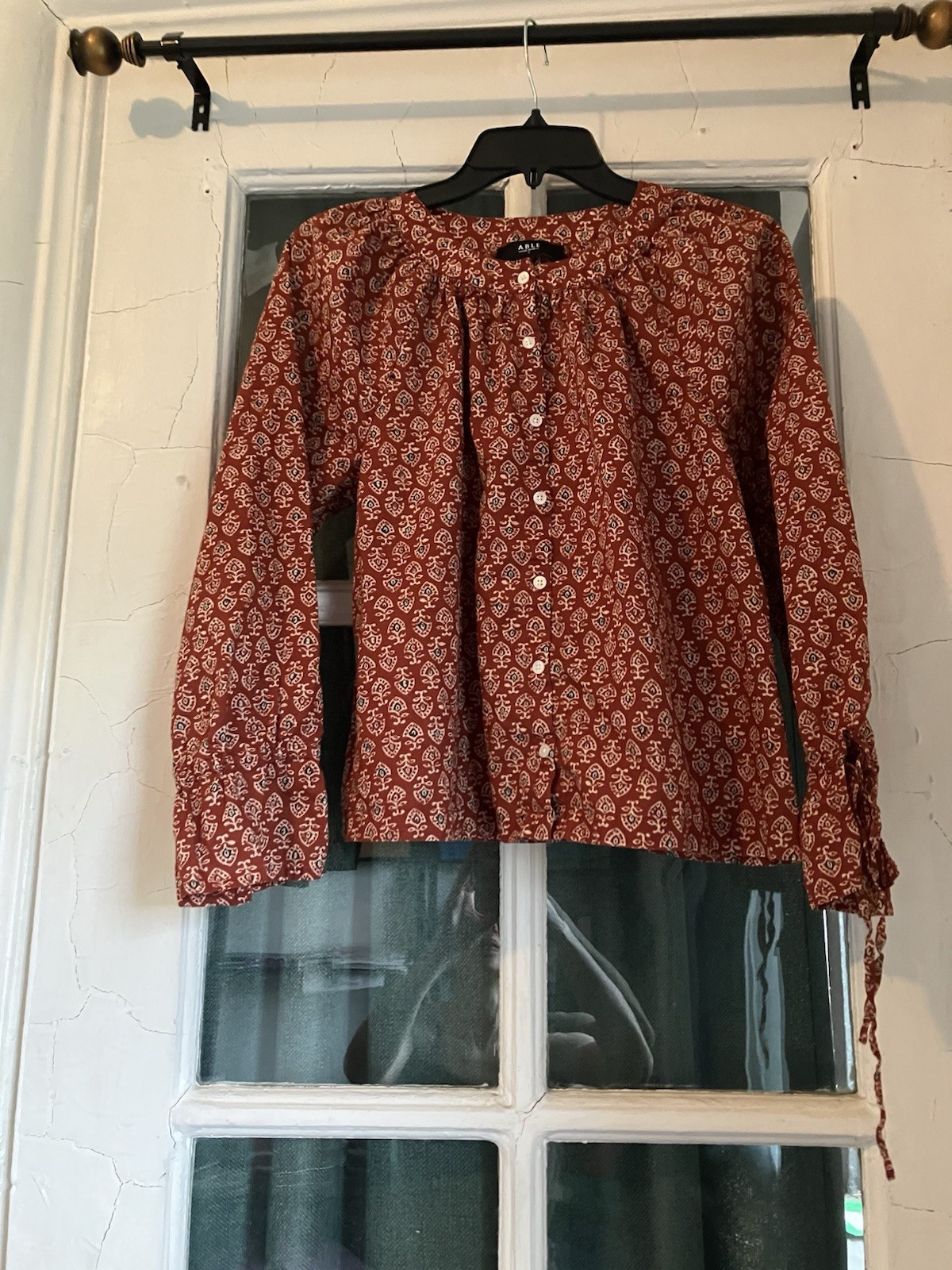 Able Women's Red Block Print Cotton Blouse Size S Long Sleeve