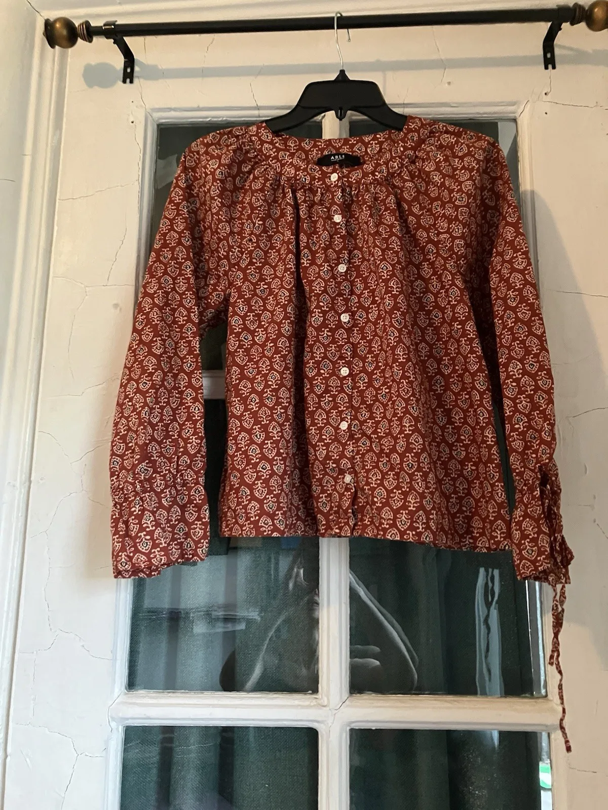 Able Women's Red Block Print Cotton Blouse Size S Long Sleeve