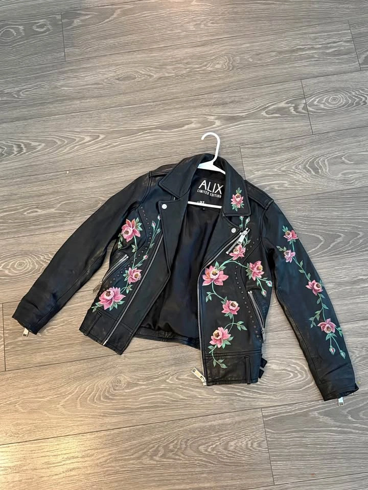 Black Genuine Leather Jacket Floral - Limited Edition