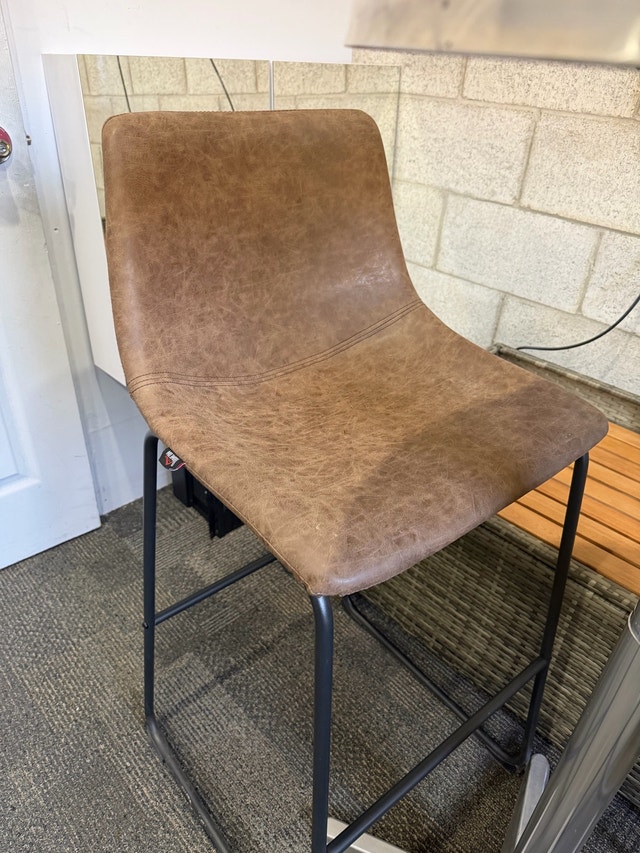 Brown Faux Leather Bar Stool and Round Metal Table