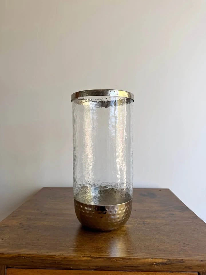 Hammered Metal and Glass Hurricane Candle Holder