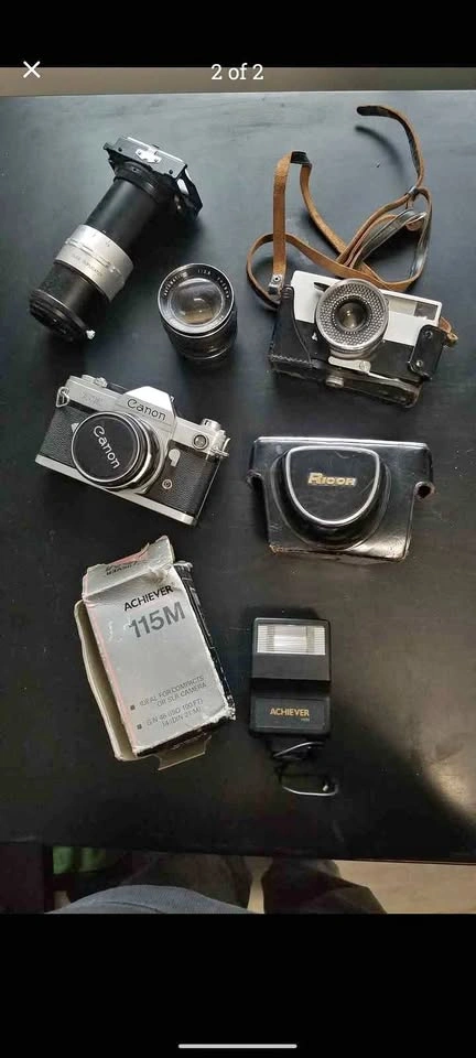 Vintage Camera Gear Lot - Canon, Ricoh, Lenses, Achiever Flash
