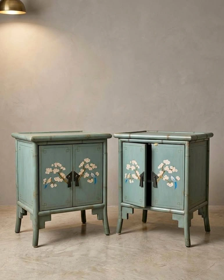 Mid-Century Chinese Hand Painted Cabinets - Pair