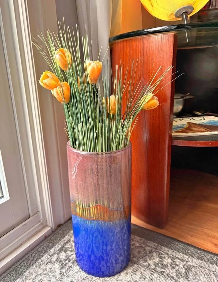 Artisanal heavy glass vase with iridescent multi-color