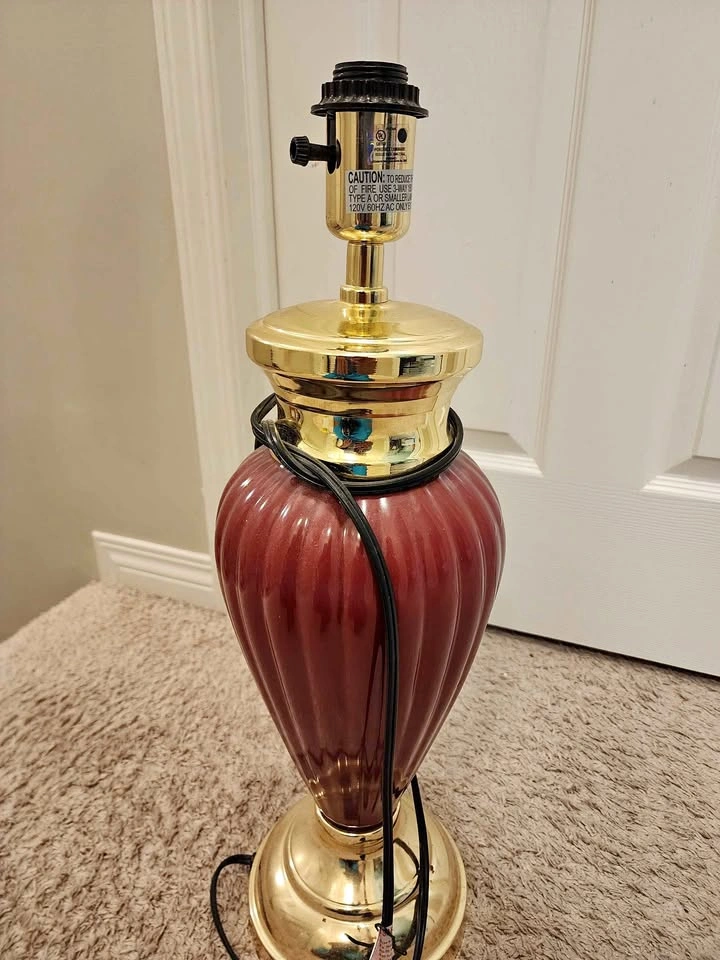 Classic Red Fluted Bedside Table Lamp with Gold Accents