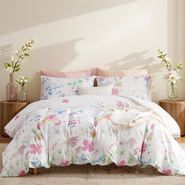 King Size Floral Duvet Cover Set - Purple/Pink Watercolor