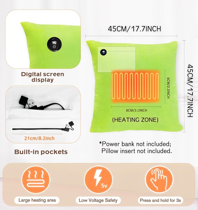 NEW Soft Velvet Green USB Heated Throw Pillow Cover 18"x18" - photo 3