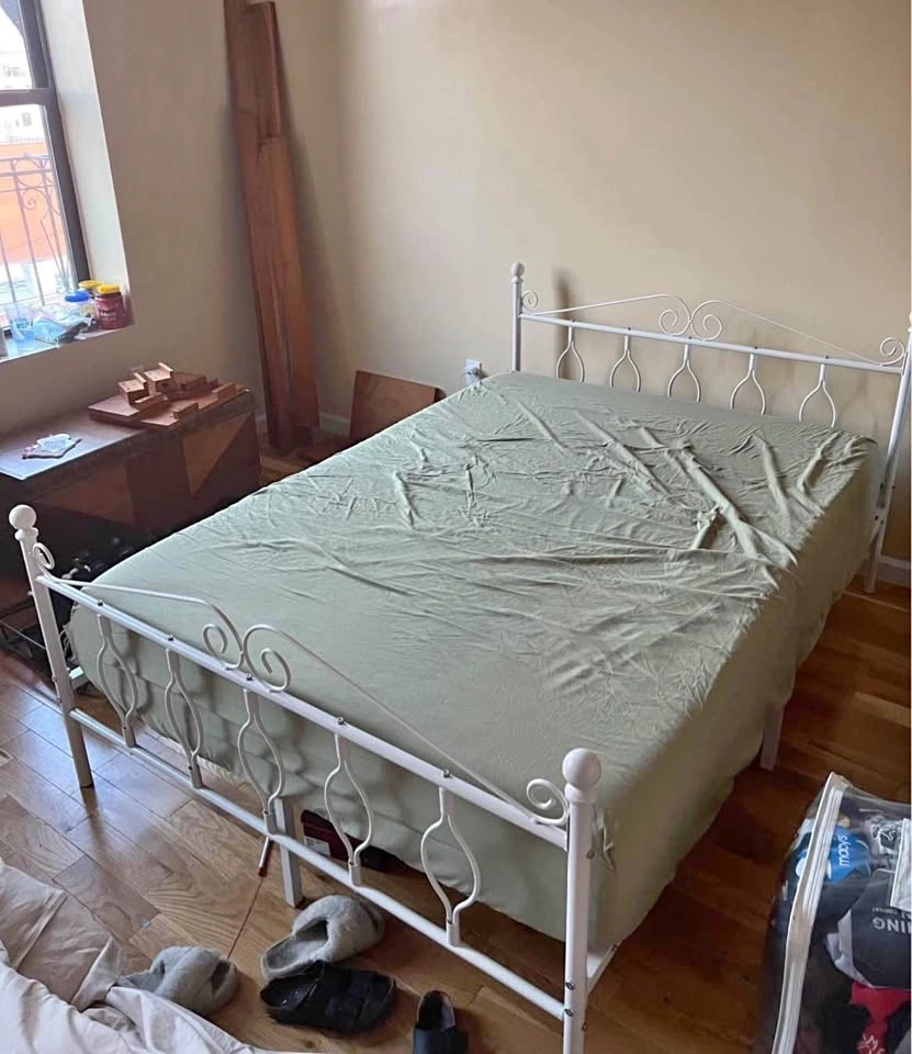 Full size white metal bed frame w/ mattress & duvet!