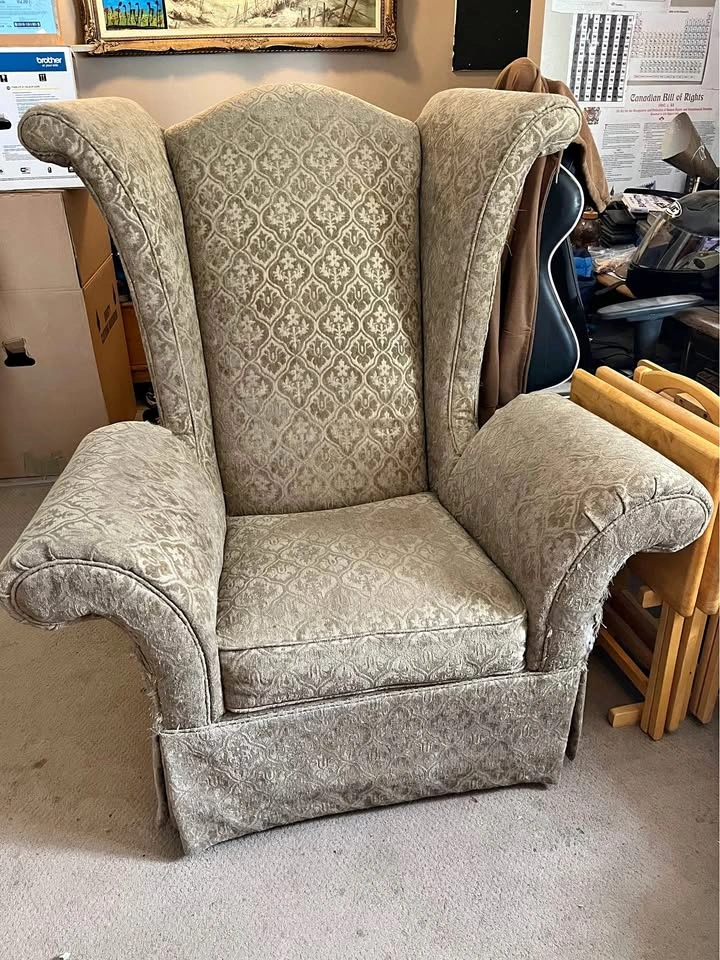 Vintage Schnadig patterned wingback armchair-Grandfather chair