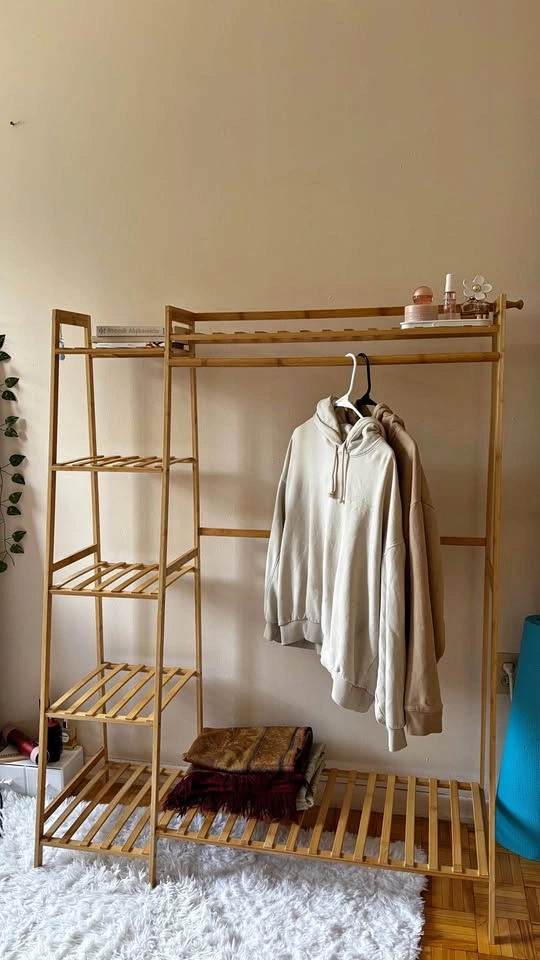 Bamboo Clothing Rack with Hanging Rod and Shelves
